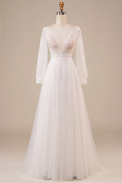 A-Line Tulle Puff Sleeve Train Wedding Dress - Yihuiw by Yihuiw