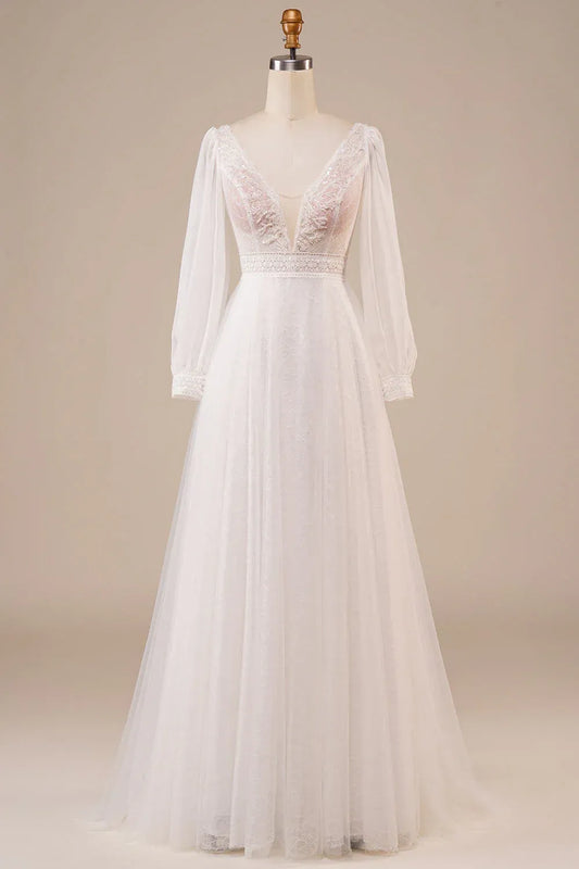 A-Line Tulle Puff Sleeve Train Wedding Dress - Yihuiw by Yihuiw