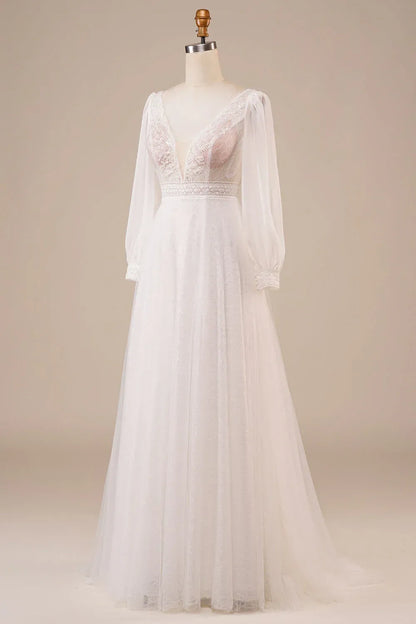 A-Line Tulle Puff Sleeve Train Wedding Dress - Yihuiw by Yihuiw