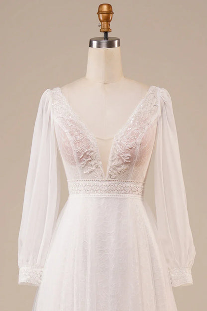 A-Line Tulle Puff Sleeve Train Wedding Dress - Yihuiw by Yihuiw