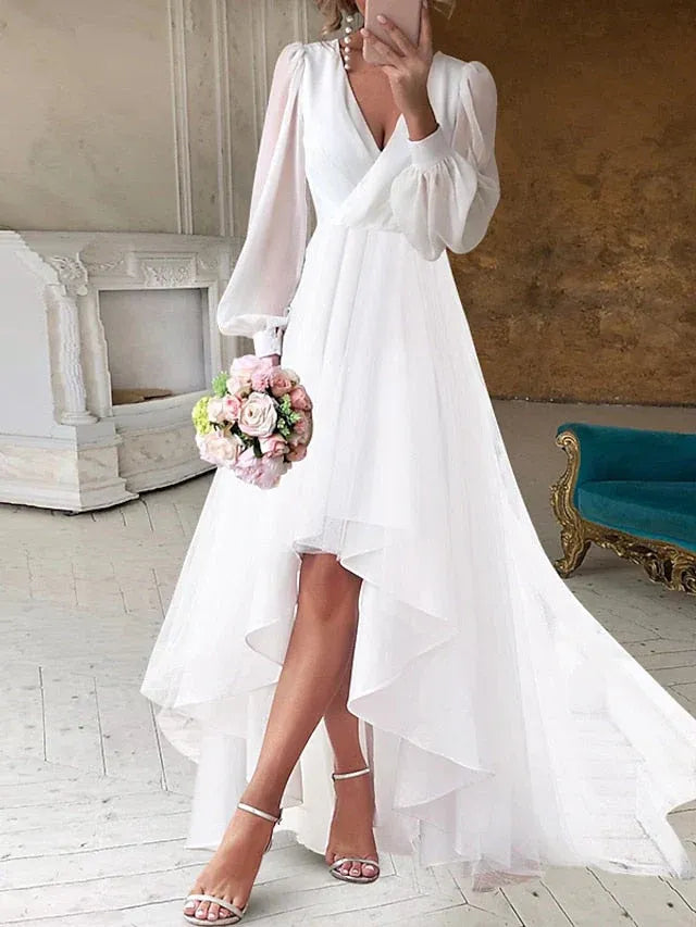 Chiffon Puff Sleeve Wrap Wedding Dress - Yihuiw by Yihuiw