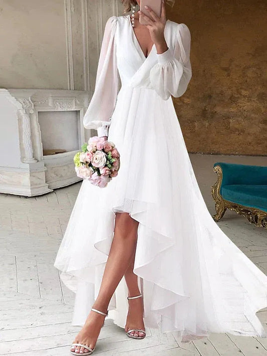 Chiffon Puff Sleeve Wrap Wedding Dress - Yihuiw by Yihuiw