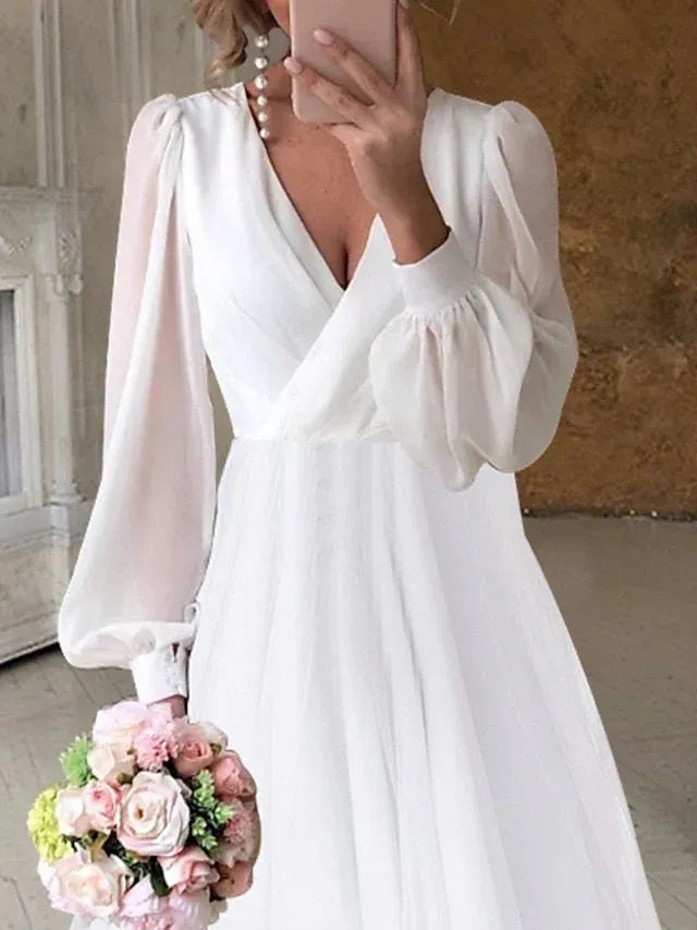 Chiffon Puff Sleeve Wrap Wedding Dress - Yihuiw by Yihuiw