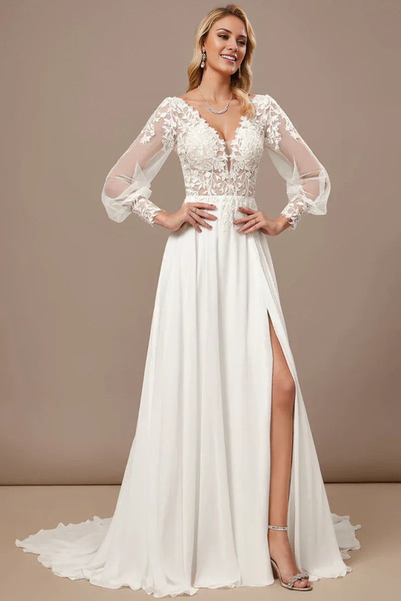 Chiffon High Slit Wedding Dress - Yihuiw by Yihuiw