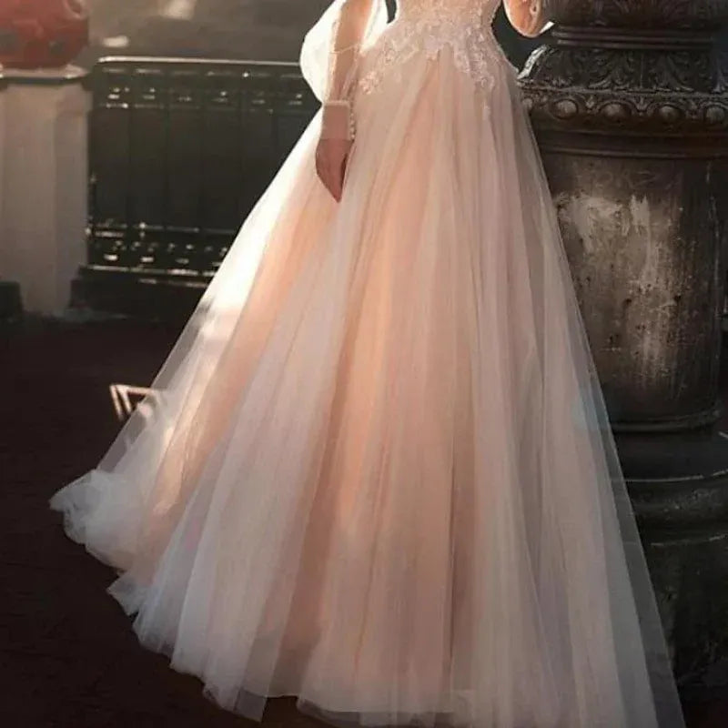 A-Line Illusion Tulle Puff Sleeve Train Wedding Dress - Yihuiw by Yihuiw