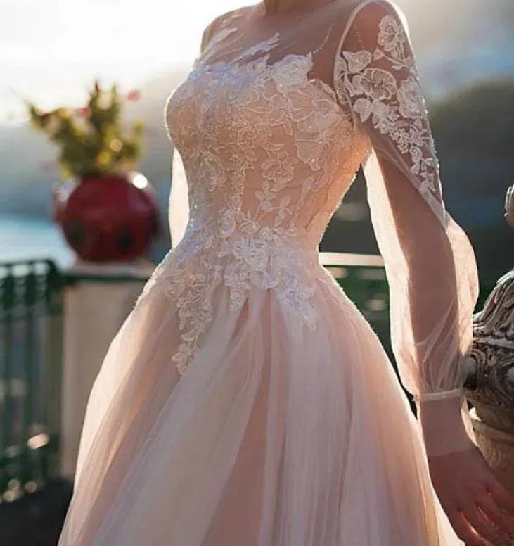 A-Line Illusion Tulle Puff Sleeve Train Wedding Dress - Yihuiw by Yihuiw