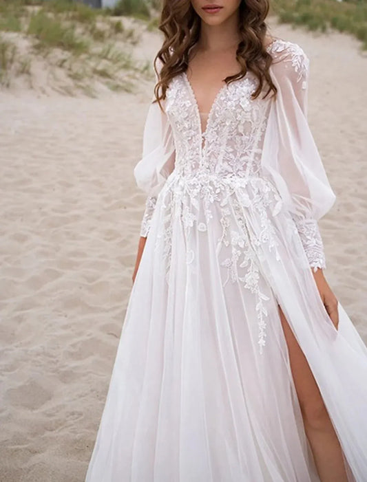 Plunging Tulle Wedding Dress - Yihuiw by Yihuiw