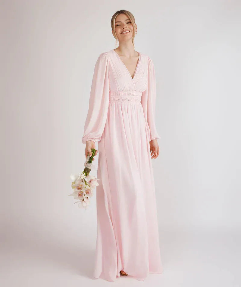 A-Line V-Neck Chiffon Puff Sleeve Wedding Dress - Yihuiw by Yihuiw