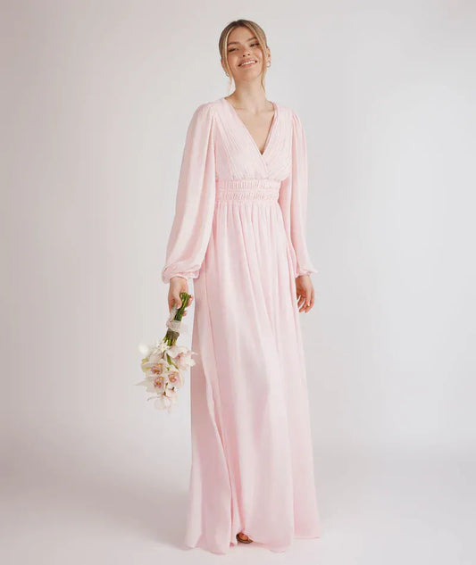 A-Line V-Neck Chiffon Puff Sleeve Wedding Dress - Yihuiw by Yihuiw