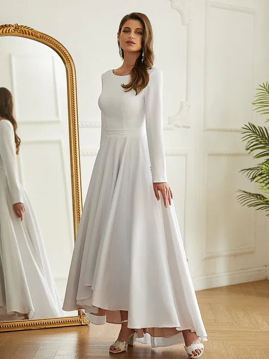 High Neck Crepe Tea-Length Wedding Dress - Yihuiw by Yihuiw