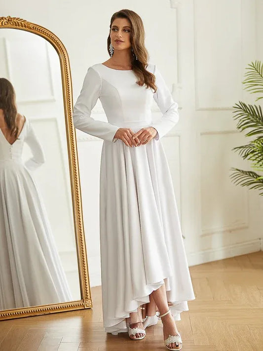 High Neck Crepe Tea-Length Wedding Dress - Yihuiw by Yihuiw