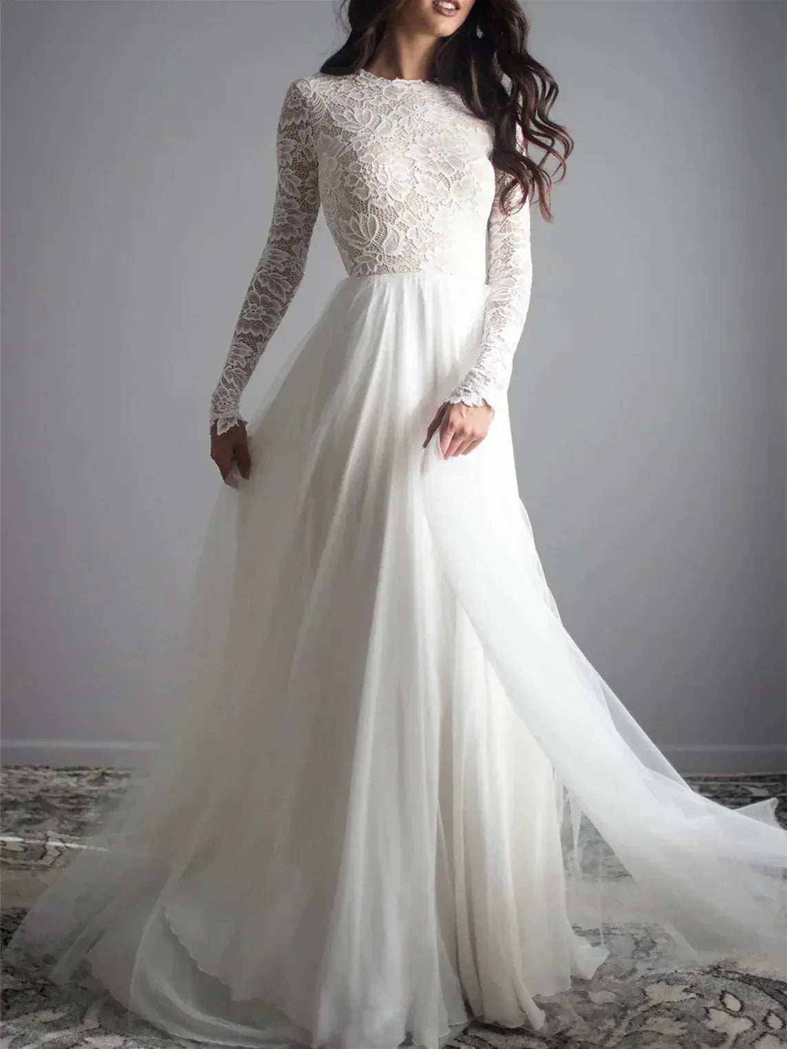 A-Line High Neck Tulle Long Sleeve Open Back Wedding Dress - Yihuiw by Yihuiw