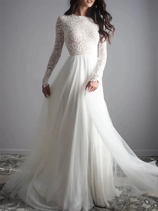 A-Line High Neck Tulle Long Sleeve Open Back Wedding Dress - Yihuiw by Yihuiw