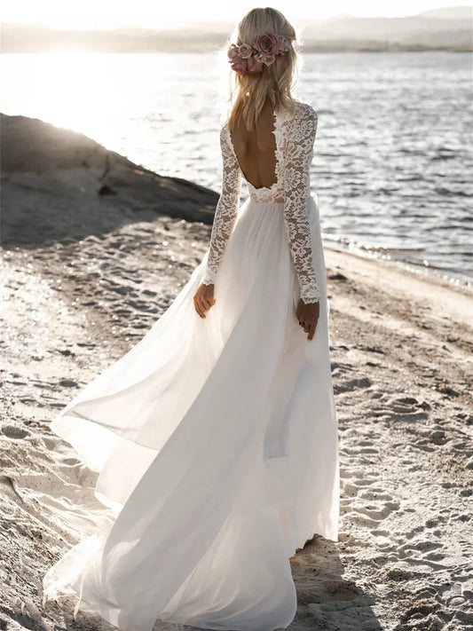 A-Line High Neck Tulle Long Sleeve Open Back Wedding Dress - Yihuiw by Yihuiw