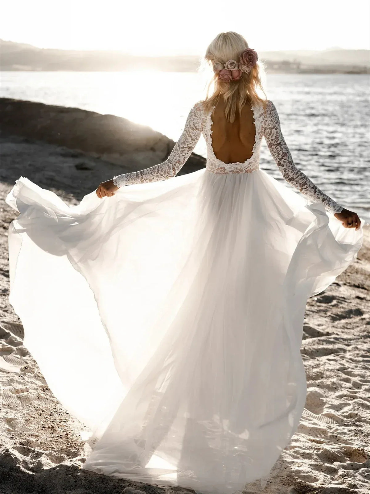 A-Line High Neck Tulle Long Sleeve Open Back Wedding Dress - Yihuiw by Yihuiw
