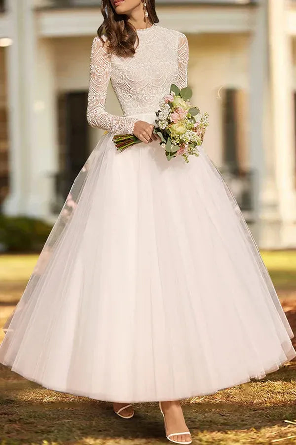 High Neck Tulle Tea-Length Wedding Dress - Yihuiw by Yihuiw