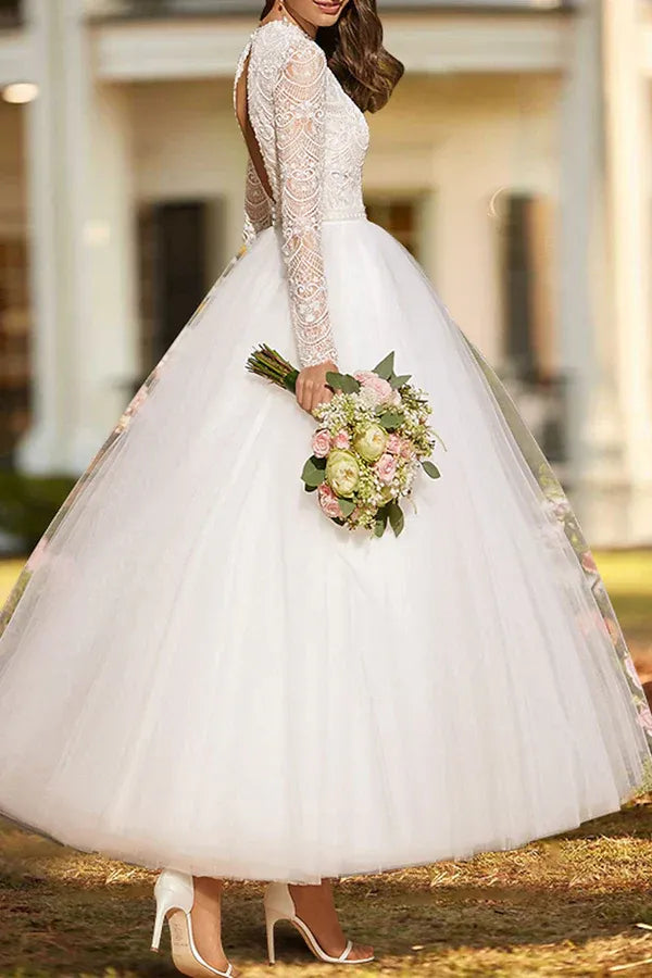 High Neck Tulle Tea-Length Wedding Dress - Yihuiw by Yihuiw