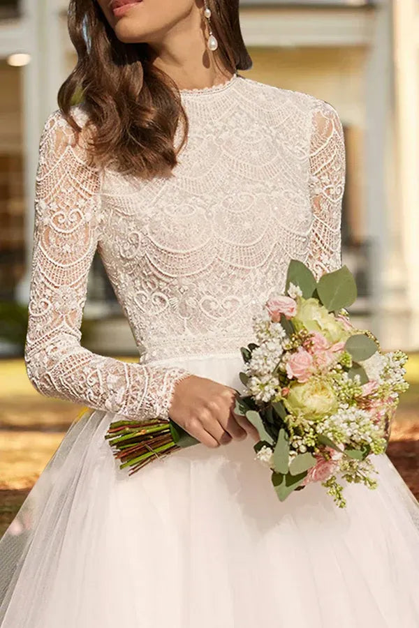 High Neck Tulle Tea-Length Wedding Dress - Yihuiw by Yihuiw