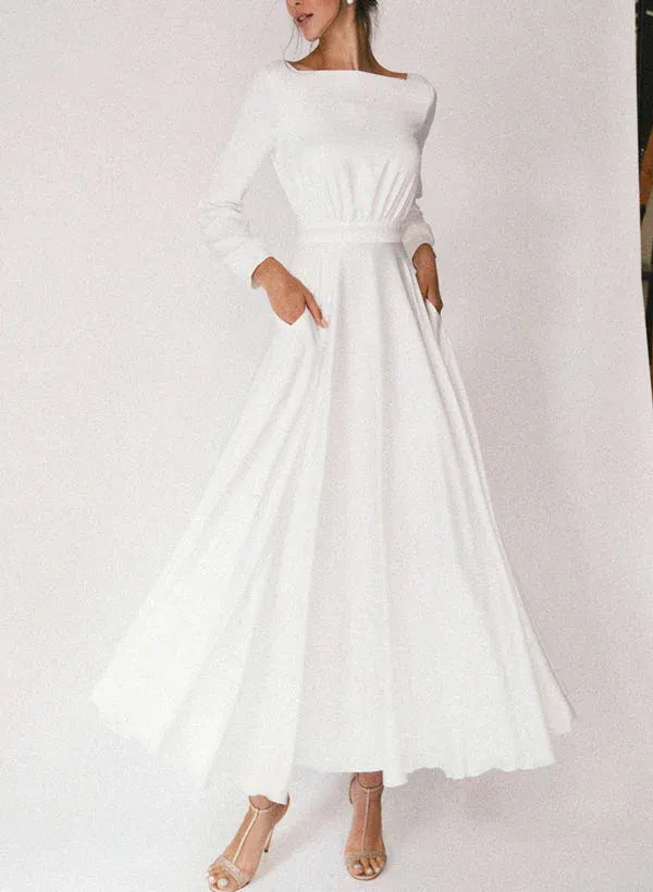 A-Line Square Neck Crepe Long Sleeve Midi Wedding Dress - Yihuiw by Yihuiw