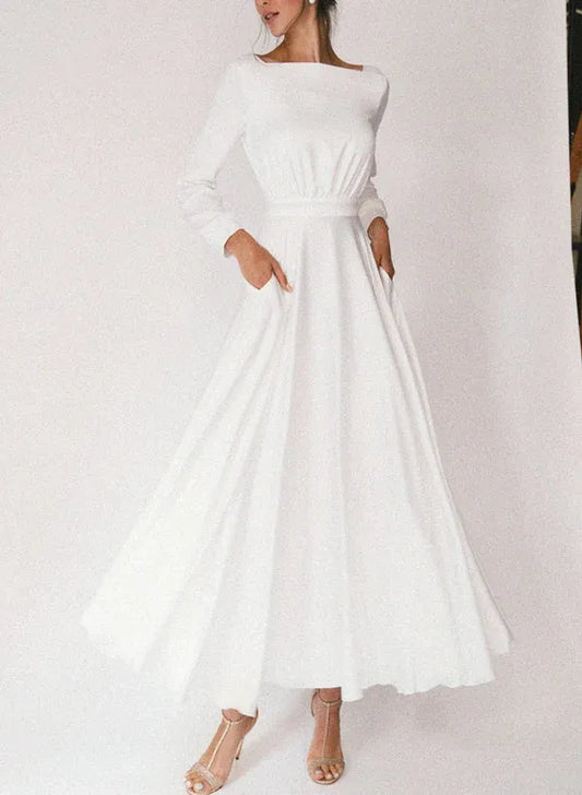 A-Line Square Neck Crepe Long Sleeve Midi Wedding Dress - Yihuiw by Yihuiw