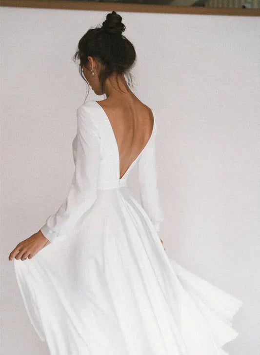 A-Line Square Neck Crepe Long Sleeve Midi Wedding Dress - Yihuiw by Yihuiw