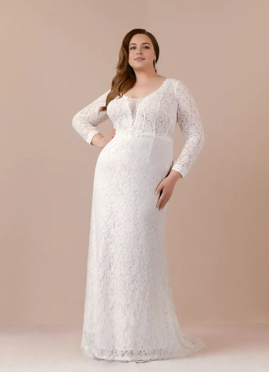 Mermaid V-Neck Lace Long Sleeve Button Back Train Wedding Dress - Yihuiw by Yihuiw