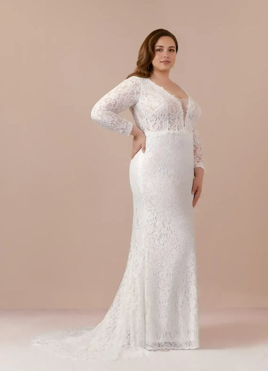 Mermaid V-Neck Lace Long Sleeve Button Back Train Wedding Dress - Yihuiw by Yihuiw