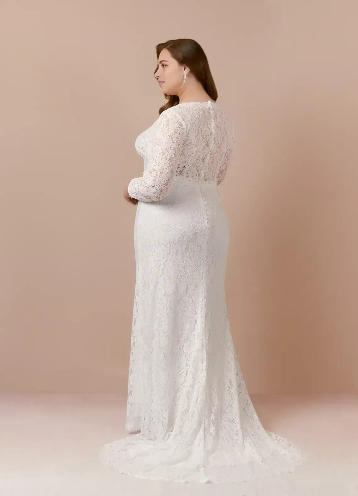 Mermaid V-Neck Lace Long Sleeve Button Back Train Wedding Dress - Yihuiw by Yihuiw