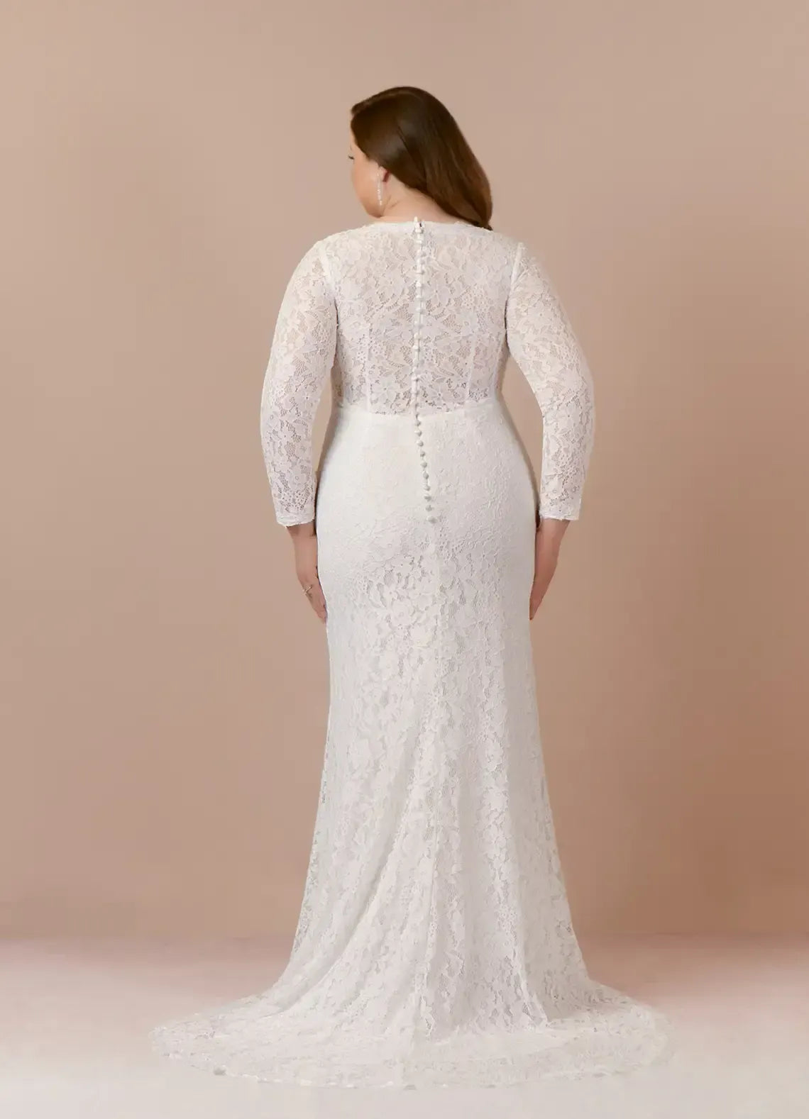 Mermaid V-Neck Lace Long Sleeve Button Back Train Wedding Dress - Yihuiw by Yihuiw