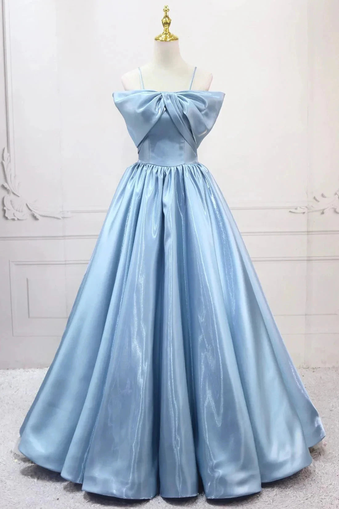 Long A-Line Prom Dress Blue Spaghetti Strap Evening Party Dress simple gentle atmospheric and unique desi Brin by YiHuiw