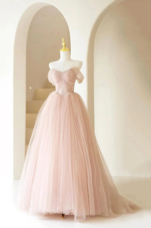 Long Formal Dress Beautiful A-Line Off Shoulder Pink Prom Dress simple gentle atmospheric and unique desi Bring summer by YiHuiw