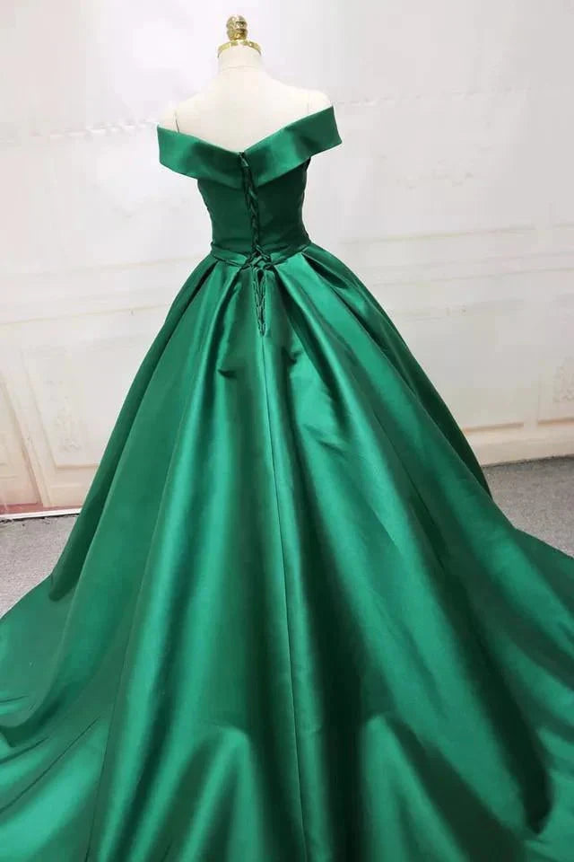 Long Green Satin V-neck Ball Gowns Prom Dresses Off The Shoulder simple gentle atmospheric and unique desi Bring summer colors to enhance whiteness by YiHuiw