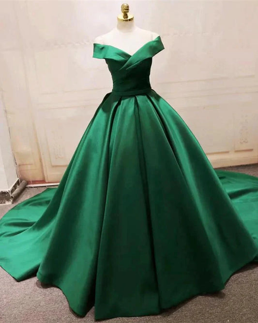Long Green Satin V-neck Ball Gowns Prom Dresses Off The Shoulder simple gentle atmospheric and unique desi Bring summer colors to enhance whiteness by YiHuiw