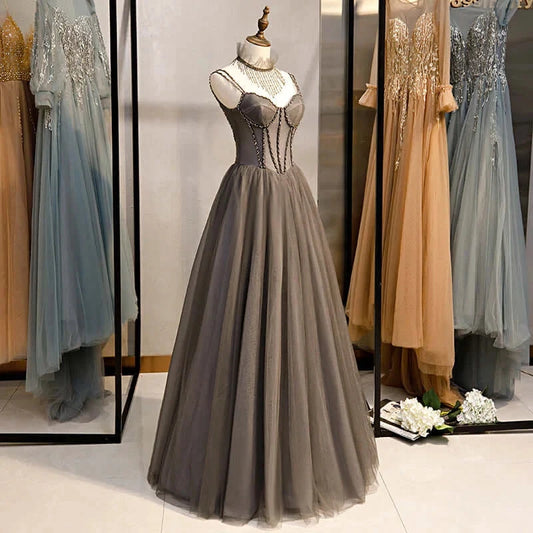 Long Grey Tulle Prom Dress Corset With Beaded Neck A Line simple gentle atmospheric and unique desi Bring summer colors to enhance whiteness by YiHuiw