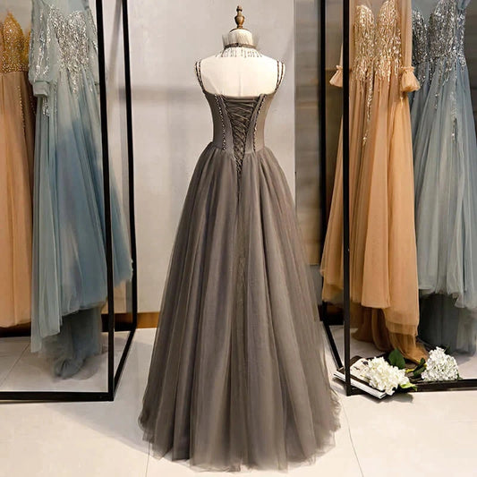 Long Grey Tulle Prom Dress Corset With Beaded Neck A Line simple gentle atmospheric and unique desi Bring summer colors to enhance whiteness by YiHuiw