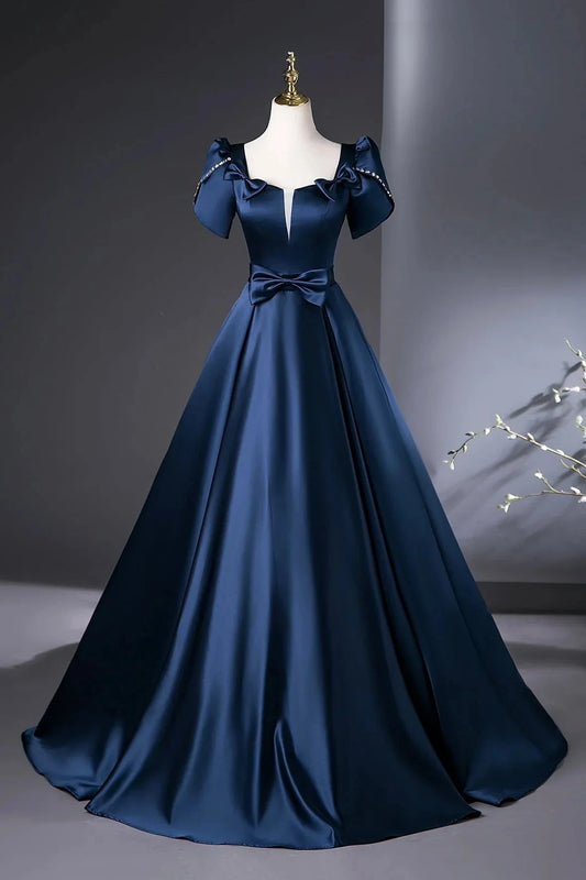 Long Prom Dress A-Line Short Sleeve Evening Party Dress simple gentle atmospheric and unique desi Brin by YiHuiw