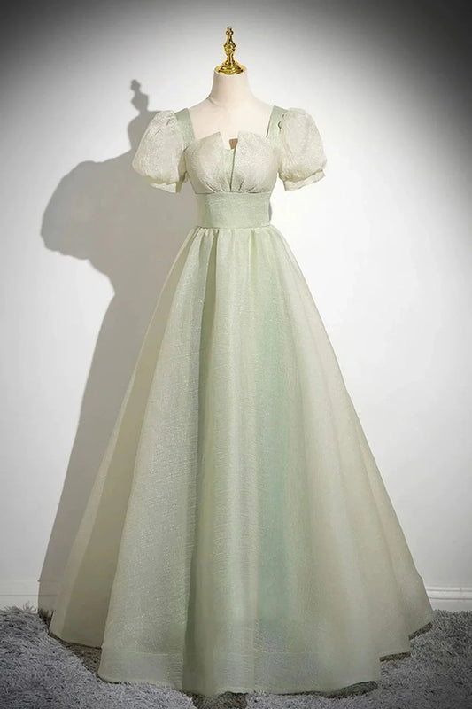 Long Prom Dress Green A-Line Short Sleeve Evening Party Dress simple gentle atmospheric and unique desi Brin by YiHuiw