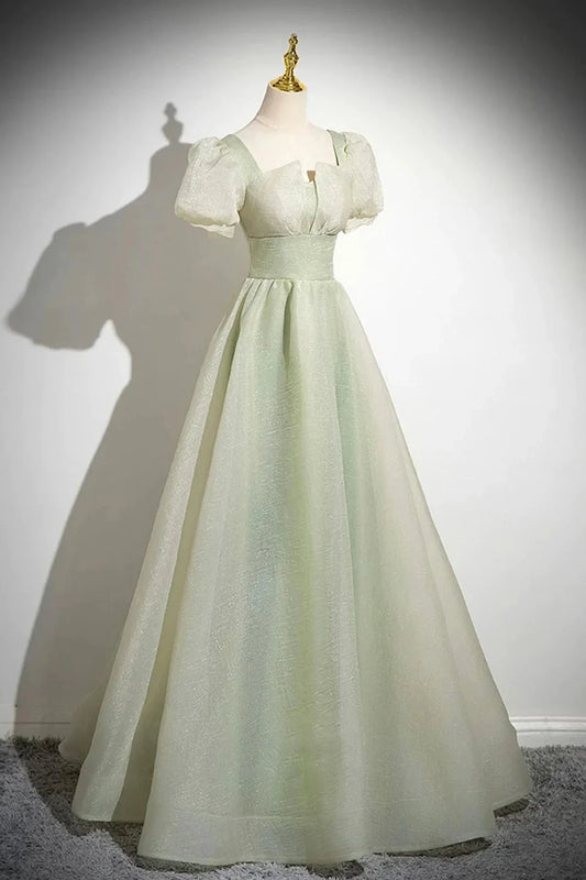 Long Prom Dress Green A-Line Short Sleeve Evening Party Dress simple gentle atmospheric and unique desi Brin by YiHuiw