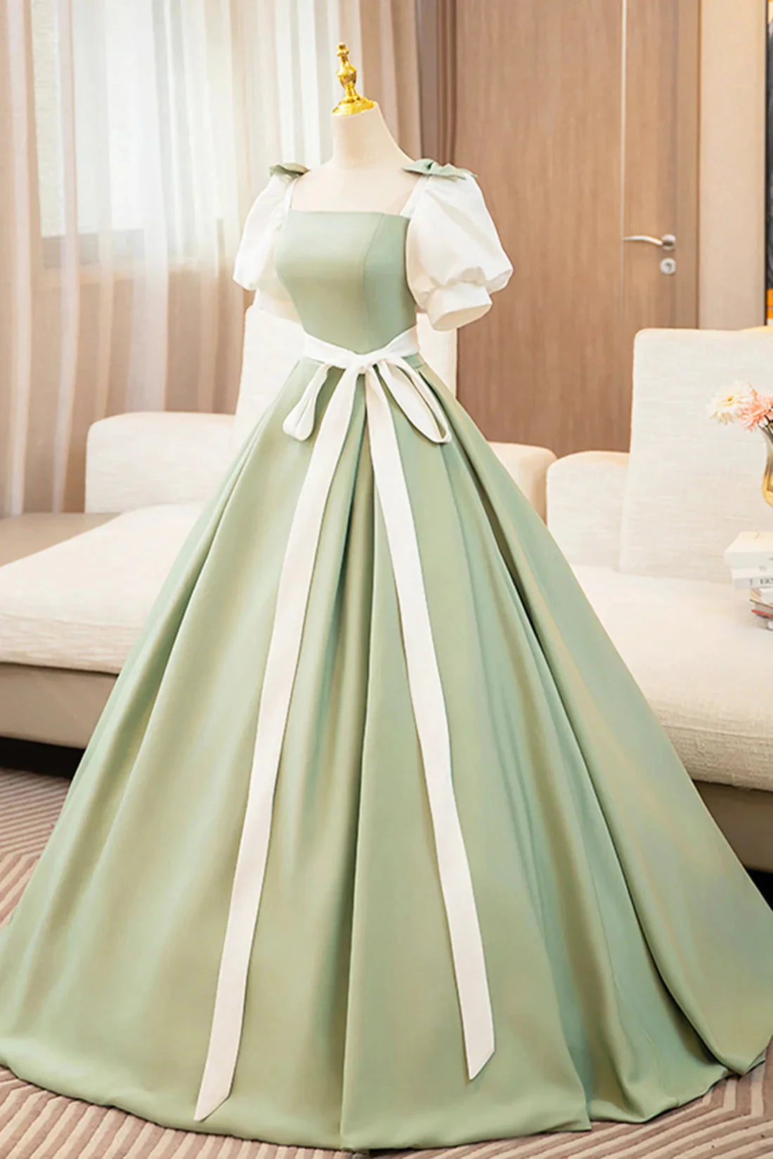 Long Prom Dress Lovely A-Line Short Sleeve Evening Party Dress simple gentle atmospheric and unique desi Bring summer colors to enhance whitenes by YiHuiw