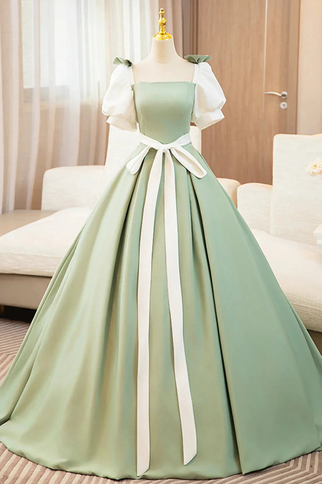 Long Prom Dress Lovely A-Line Short Sleeve Evening Party Dress simple gentle atmospheric and unique desi Bring summer colors to enhance whitenes by YiHuiw