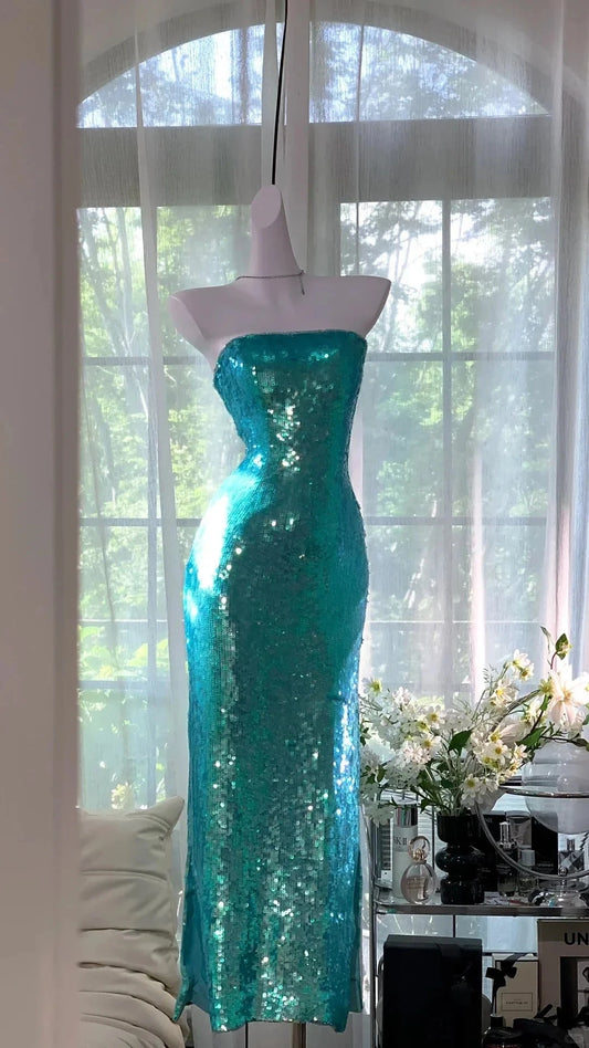 Long Sequin Prom Dress Evening Dress Party Dress simple gentle atmospheric and unique desi Bring summer colors to enhance whiteness by YiHuiw