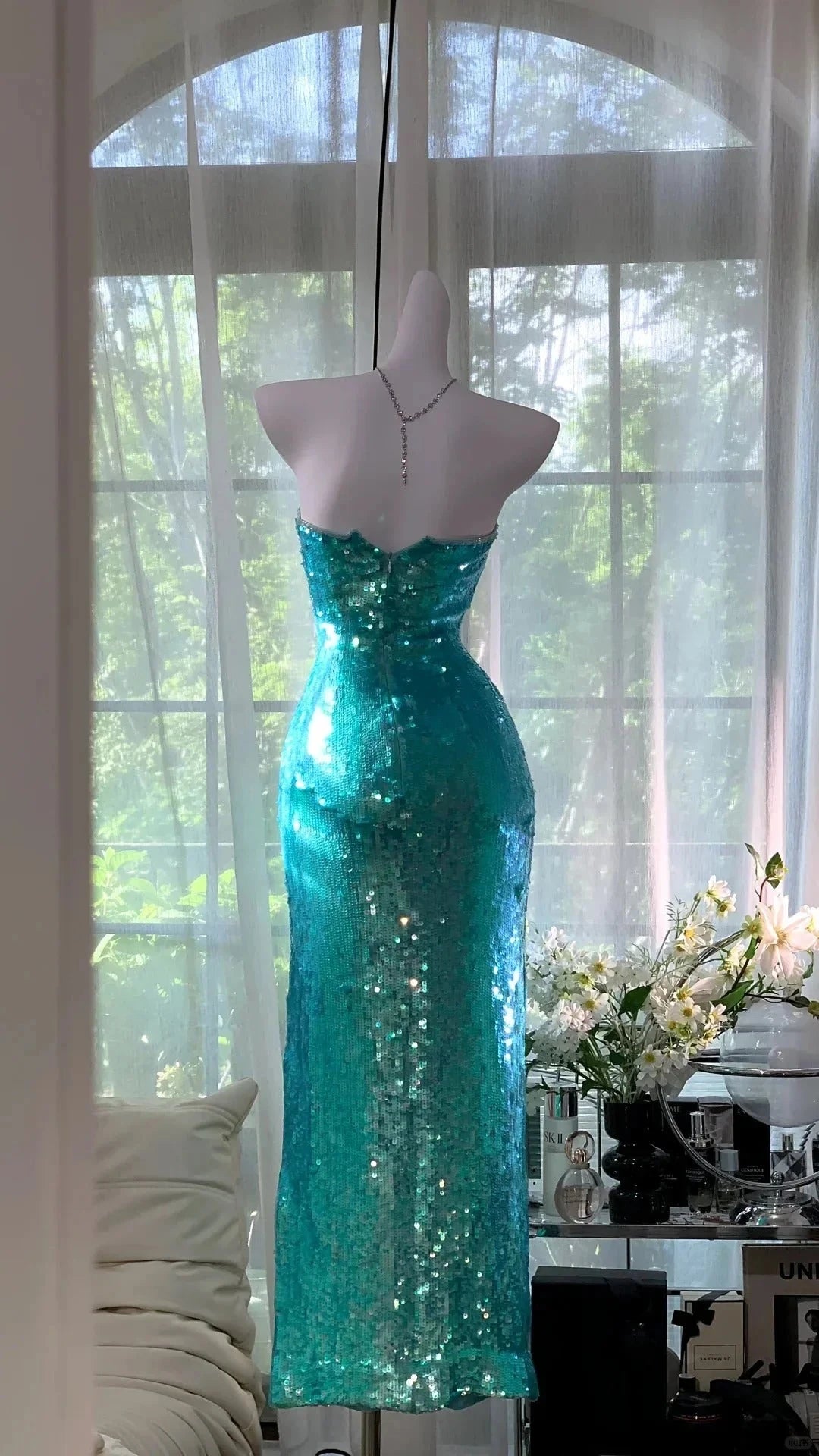 Long Sequin Prom Dress Evening Dress Party Dress simple gentle atmospheric and unique desi Bring summer colors to enhance whiteness by YiHuiw