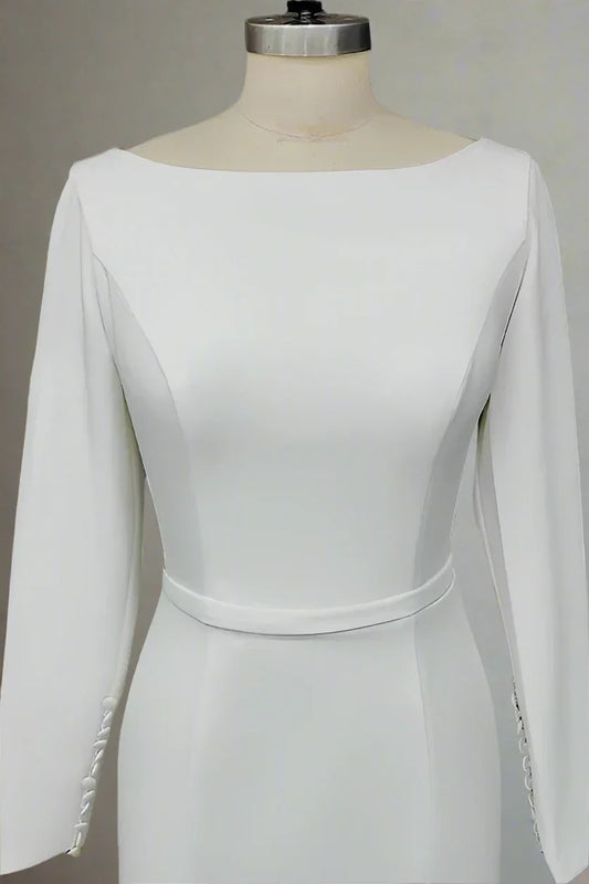 Long Sleeve Wedding Dresses with Boat Neck, Fitted Waistband and Mermaid Train Bridal Dress