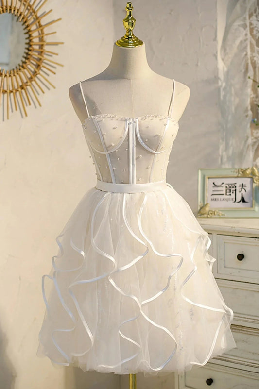 Lovely Spaghetti Strap Tulle Short Prom Dress A-Line Homecoming Dress simple gentle atmospheric and unique desi Bring summer colors to enhance white by YiHuiw