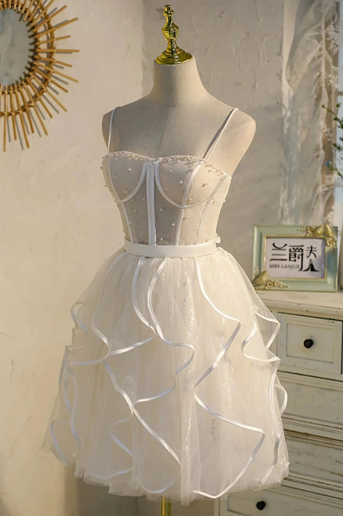 Lovely Spaghetti Strap Tulle Short Prom Dress A-Line Homecoming Dress simple gentle atmospheric and unique desi Bring summer colors to enhance white by YiHuiw