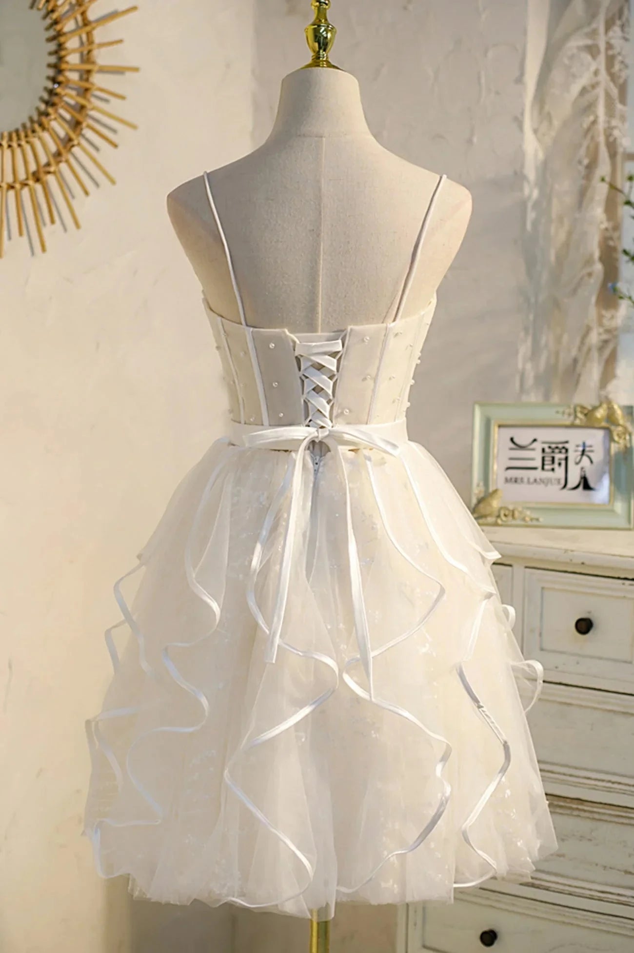 Lovely Spaghetti Strap Tulle Short Prom Dress A-Line Homecoming Dress simple gentle atmospheric and unique desi Bring summer colors to enhance white by YiHuiw
