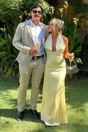 Pale Yellow Satin Bridesmaid Dress with Halter Neckline and Open Back
