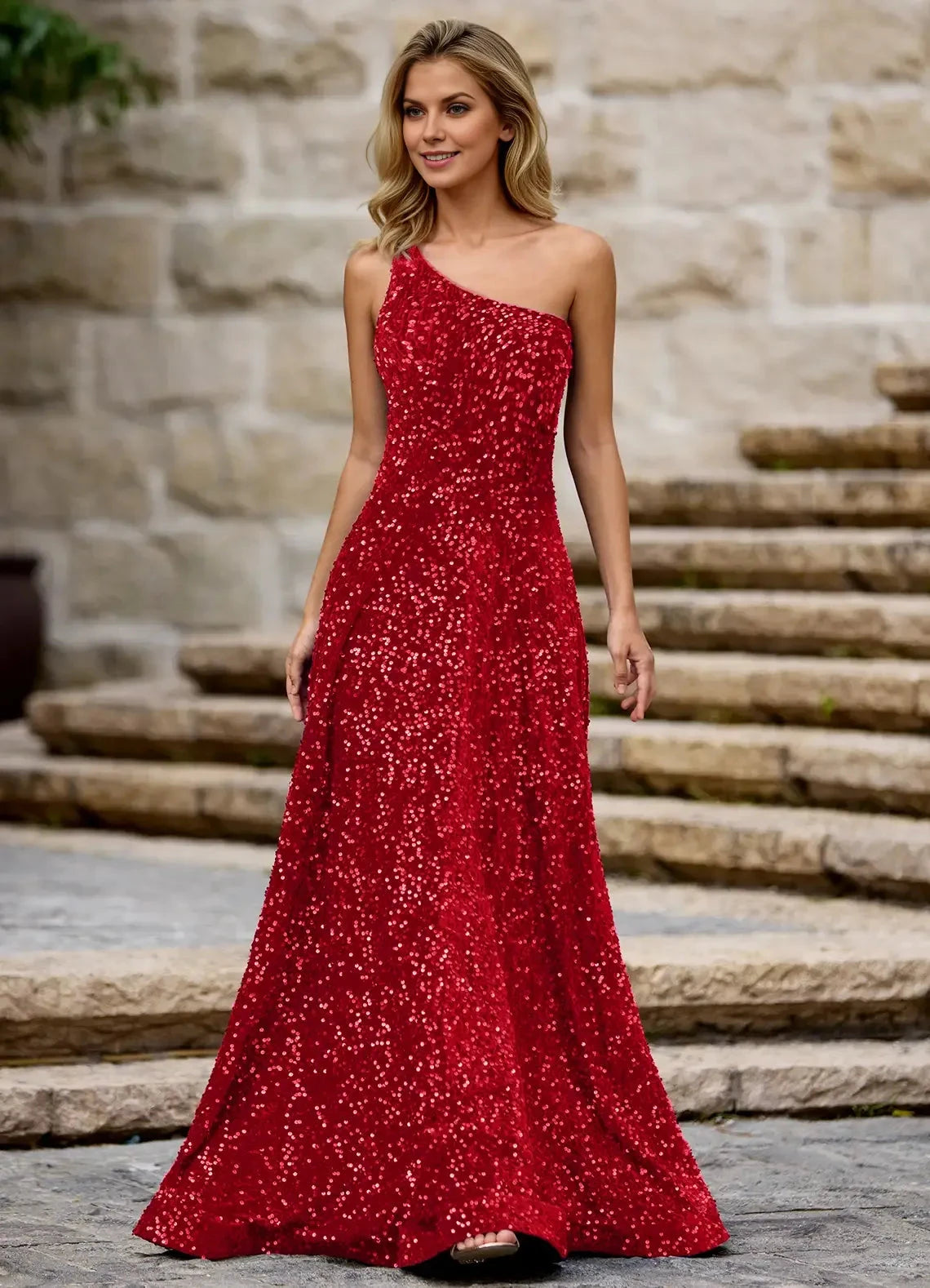 Luminous A Line One Shoulder Sleeveless Asymmetrical Strap Back Floor Length Hot sale Evening Dress by YiHuiw