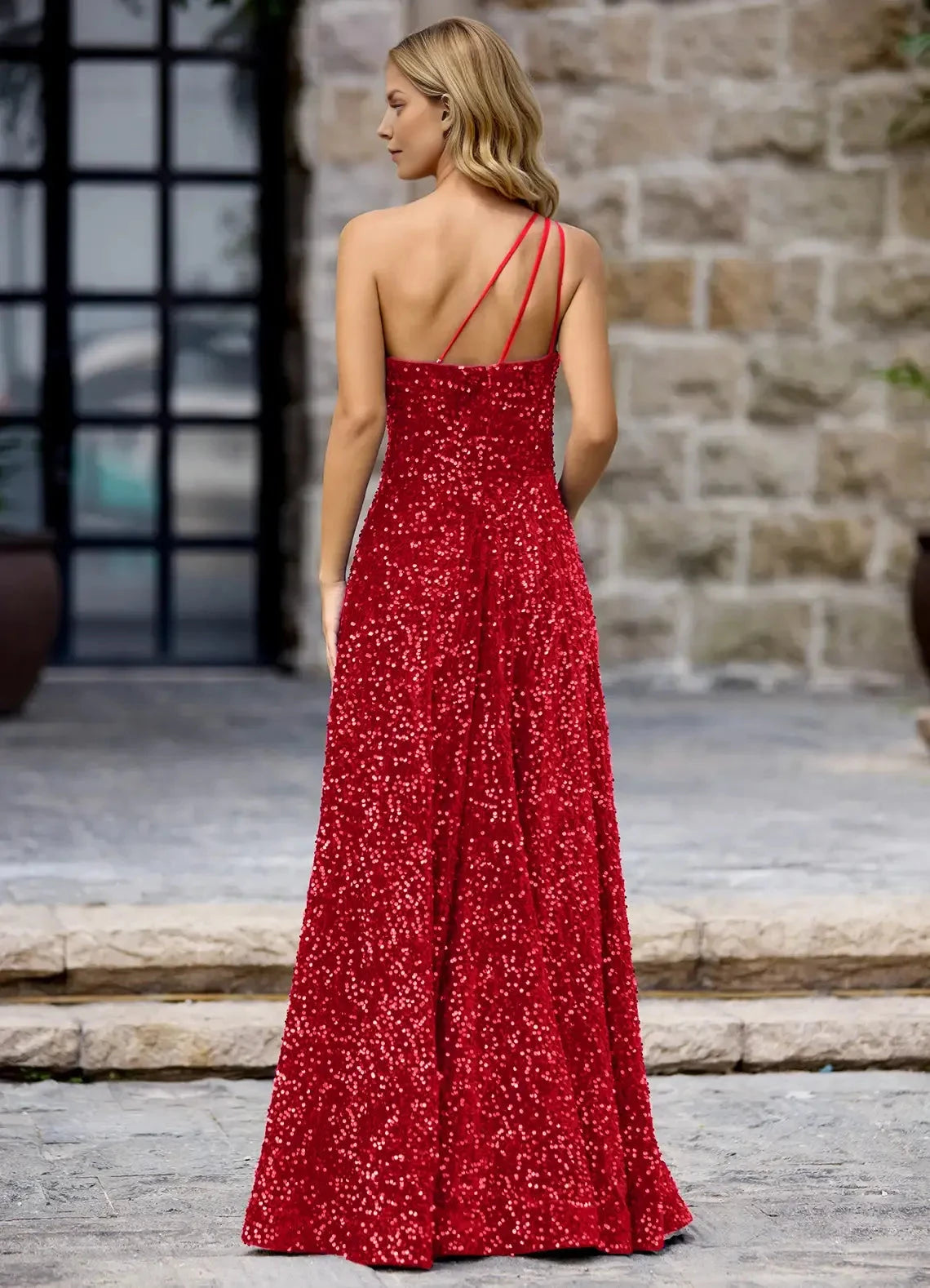 Luminous A Line One Shoulder Sleeveless Asymmetrical Strap Back Floor Length Hot sale Evening Dress by YiHuiw