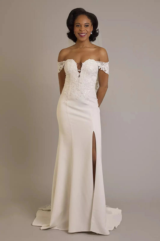 Luminous Satin Mermaid Off-the-Shoulder 3D Lace Sequin-Tulle Train High-Slit Wedding Dress by YiHuiw